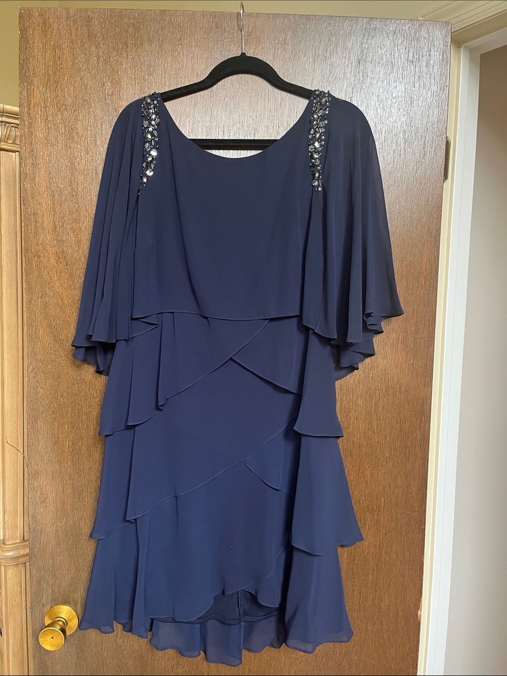 Embellished Navy Layered Flutter-Sleeve Dress